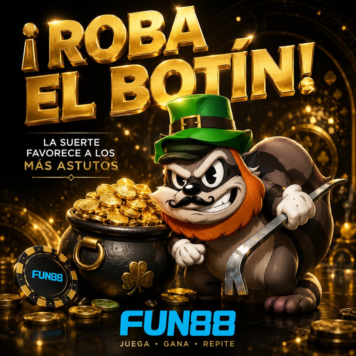 fun88ecuador's tweet photo. ¡La suerte favorece a los más astutos! 🦝☘️   #FUN88Ecuador #RobaElBotin #SuerteIrlandesa #Astucia #CasinoOnline #MonedasDeOro https://t.co/o9qFHHW8RY