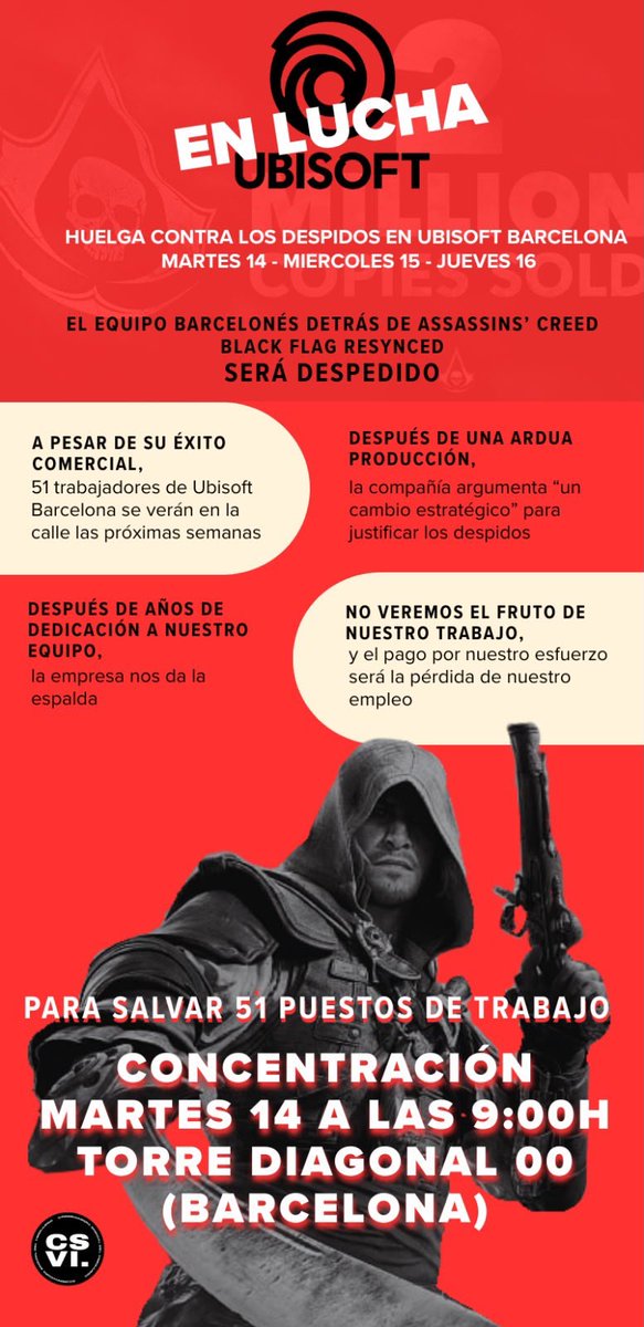 PatrickurbanoR's tweet photo. Tot el suport als companys d'Ubisoft Barcelona de vaga contra el seu acomiadament. https://t.co/PhlOQi3z5i