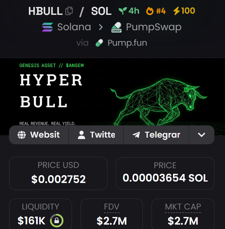 dippy_eth's tweet photo. $ANSEM CTO's dev started this on-chain season.

Now he's going to keep making us rich.

Found out he launched $HBULL on Solana.

He's aiming to make it the first strategy reserve token just like MicroStrategy's Bitcoin strategy.

A staking platform is also being developed and his $ANSEM bag will fund staking rewards.

Also, the creator fees will be used to buy back more $ANSEM.

He's a chad and highly respected in the space, especially after the $ANSEM bull run and the growth of its ecosystem.

So I'm buying a big bag here. Pretty sure it will bring some good gains.

CA: 7V6Sk63y8Rr1MvcN5mYNp61wgFhy4EeQg5gUASk9pump