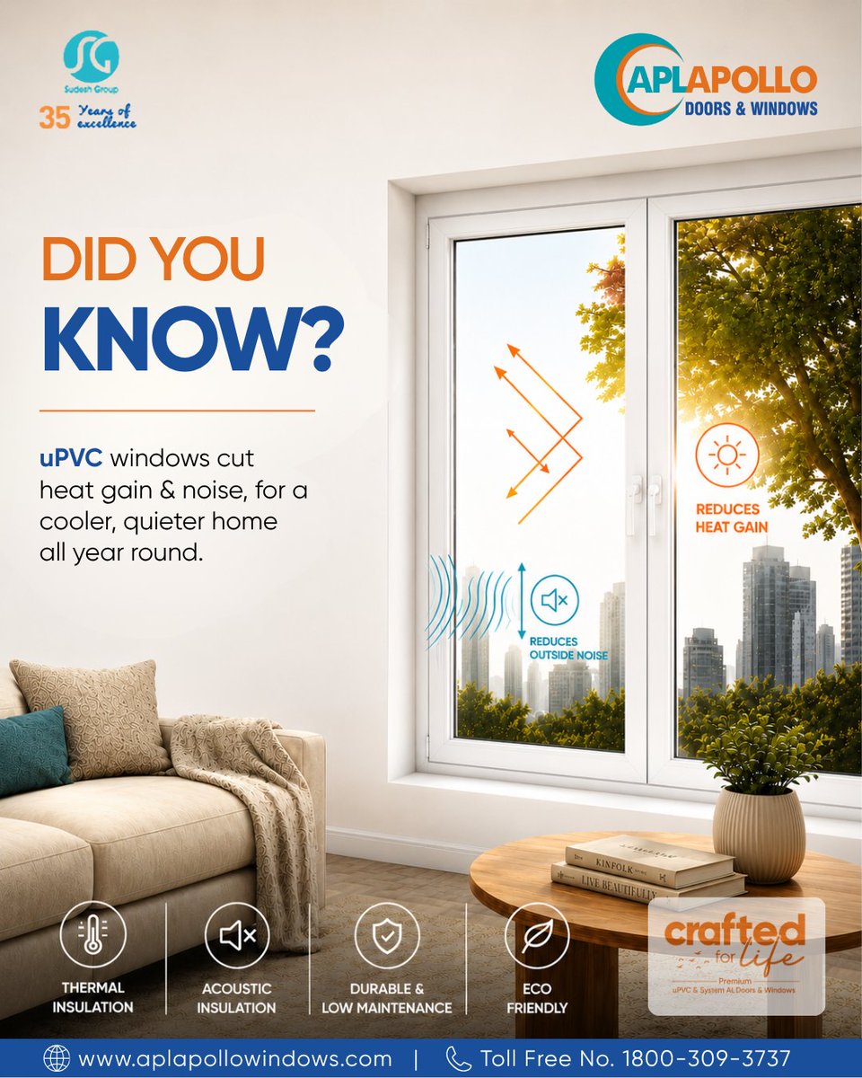 aplapollowindow's tweet photo. Did you know? APL Apollo uPVC Windows help cut heat gain and outside noise, keeping your home cooler, quieter and comfortable all year round.
Know more: https://t.co/76tdsWjjv4
#APLApollo #uPVCWindows https://t.co/QWI4kwWCoA