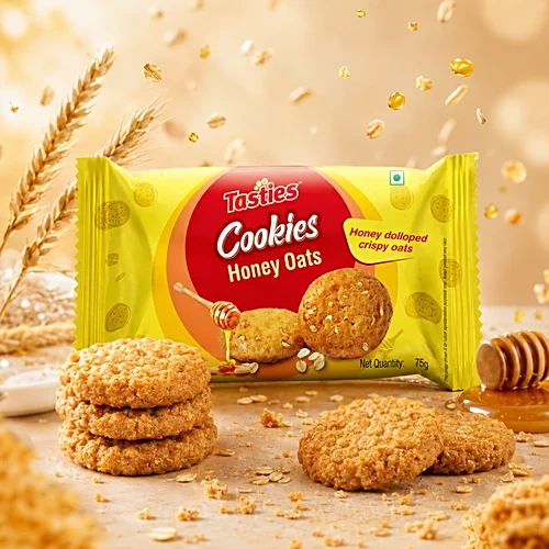 madhukishwar's tweet photo. The Frauds in Industrial Foods
Advertised as "Honey Oat Cookies"
On checking the small print on the wrapper: you will find that oatmeal is only 13%, the rest is Maida. 
Naam ke vaste "butter" but the actual cooking medium is unhealthy & cheap palm oil. 
Honey is only 2%.
The rest is "invert Sugar", which means "a liquid sweetener made by breaking down table sugar ..."
Ingredients as provided on the wrapper in very tiny print:
Refined wheat flour (Maida), Sugar, Edible vegetable oil (Palmolein), Oatmeal (13%), Coconut powder, Milk solids, Butter, Honey (2%), Custard powder, Invert syrup, Emulsifier (INS 322, INS 471, INS 472 (E)), Raising agents (INS 503 (I), INS 500 (II)), Iodised salt.
Notice the number of chemicals added to the healthy-sounding "Honey Oat Biscuits"!