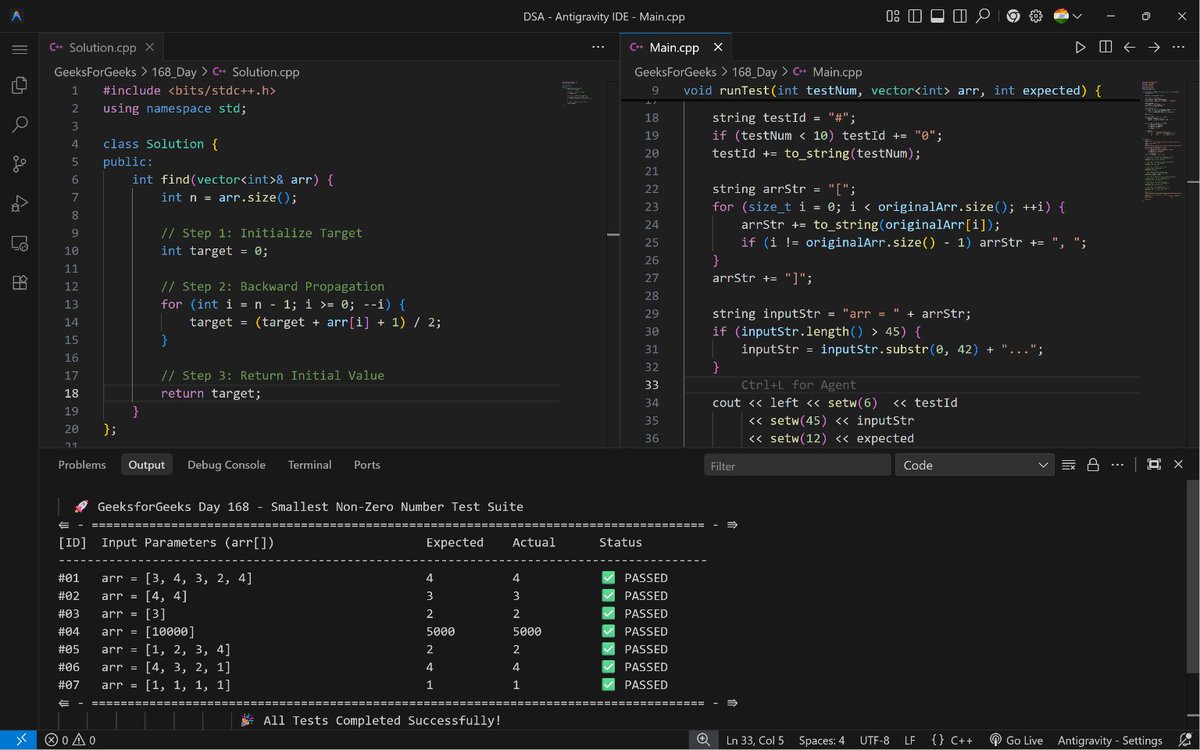 PankajB42550's tweet photo. 🚀 #Day 168/100 (Smallest Non-Zero Number @GeeksforGeeks – #Daily)!

Key: Backward induction: target = (target + arr[i] + 1) / 2.

✓ O(n) | O(1)
✓ Accepted

#100DaysOfCode #DSA #Greedy #Math #DSA26 #DAY168 https://t.co/Z7g5IZQs28