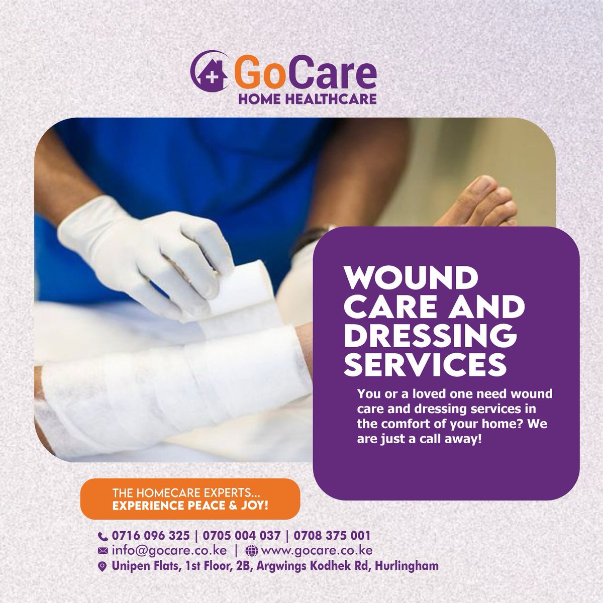 GoCareHealthKe's tweet photo. Dealing with a wound? Post-surgical incision, diabetic ulcer, pressure sore, or an injury that needs expert attention?

📧 info@gocare.co.ke
🌐 https://t.co/h7e0TXRfV8
📍 Unipen Flats, 1st Floor, 2B, Argwings Kodhek Rd, Hurlingham
#GoCareHomeHealthcare #WoundCare #HomeNursing #NK https://t.co/ookB5TTZe6
