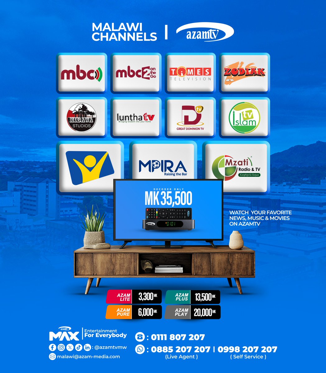 Azamtv_MW's tweet photo. 🇲🇼🔥 MALAWI, THIS ONE IS FOR YOU!  📺 Local stories, culture, music &amp; news – all on Azam TV! Stay informed. Stay entertained. Stay connected. 🙌
💼 Packages from just K3,300 – Azam Play K20,000 ☎️ 0111 807 207 | WhatsApp: 0885 207 207
#AzamTVMalawi #LocalContent #ProudlyMalawian https://t.co/O9Ymrhzr52
