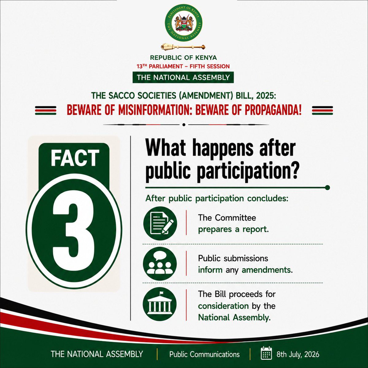NAssemblyKE's tweet photo. 🚨 𝐅𝐀𝐂𝐓 𝐂𝐇𝐄𝐂𝐊

𝐖𝐡𝐚𝐭 𝐢𝐬 𝐜𝐨𝐧𝐭𝐚𝐢𝐧𝐞𝐝 𝐢𝐧 𝐭𝐡𝐞 𝐒𝐚𝐜𝐜𝐨 𝐒𝐨𝐜𝐢𝐞𝐭𝐢𝐞𝐬 (𝐀𝐦𝐞𝐧𝐝𝐦𝐞𝐧𝐭) 𝐁𝐢𝐥𝐥, 𝟐𝟎𝟐𝟓? 

Lately, there’s been a lot of misleading information circulating online about the Sacco Societies (Amendment) Bill (National Assembly Bill No. 32 of 2025). 

Let’s cut through the propaganda with the actual FACTS. 

Here’s what you need to know about the Bill.