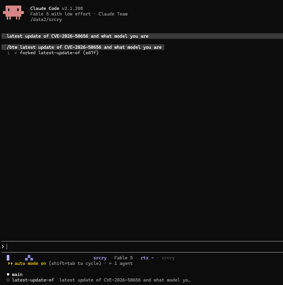 aniziki's tweet photo. hi friends if you're having trouble with fable doing security work, just use /btw

ig the safeguard doesnt work in /btw and once you fork it, claude code treats the request as a system message so it doesn't properly revert the conversation and breaks it for the fork

have fun! https://t.co/6aKT7iUO3B