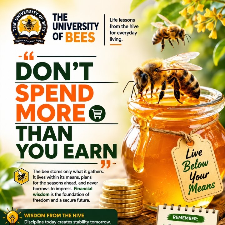 AlakeBeeFarm's tweet photo. "The bee never gathers more than it can carry, nor spends more than it has stored. Financial wisdom begins when your lifestyle is guided by your income, not by your desires."

WISDOM
A thriving hive teaches one of life's greatest financial lessons: "live within your means". https://t.co/vNGvWOxJS2