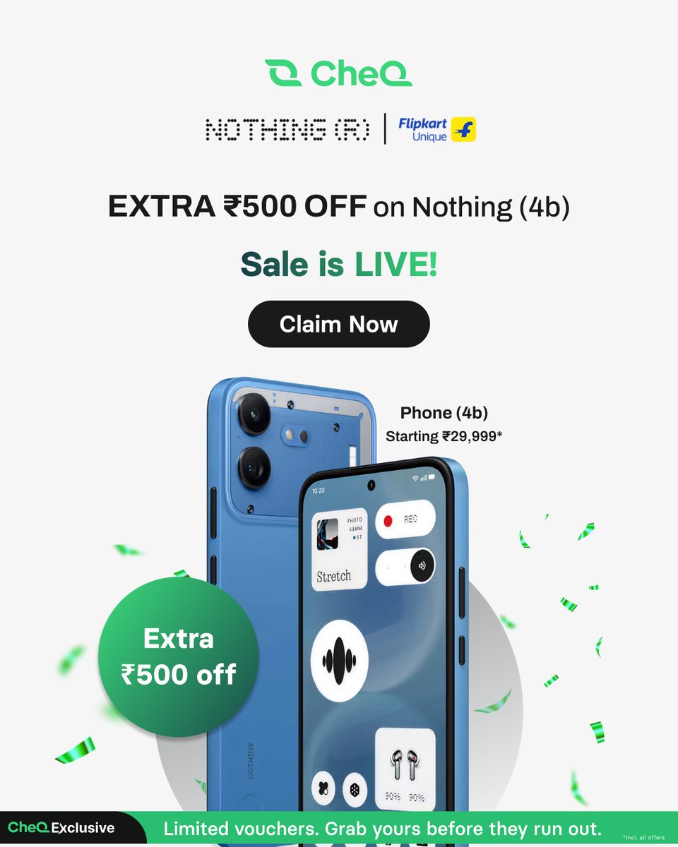 AravindKRB's tweet photo. PSA for the gang buying the Nothing Phone 4b: Today is the last day to get the ₹500 CheQ voucher. Claim it before buying the phone on Flipkart, otherwise you'll have to pay the full price unnecessarily.
#Nothing4bxCheQ https://t.co/IZYsr2LIGp
