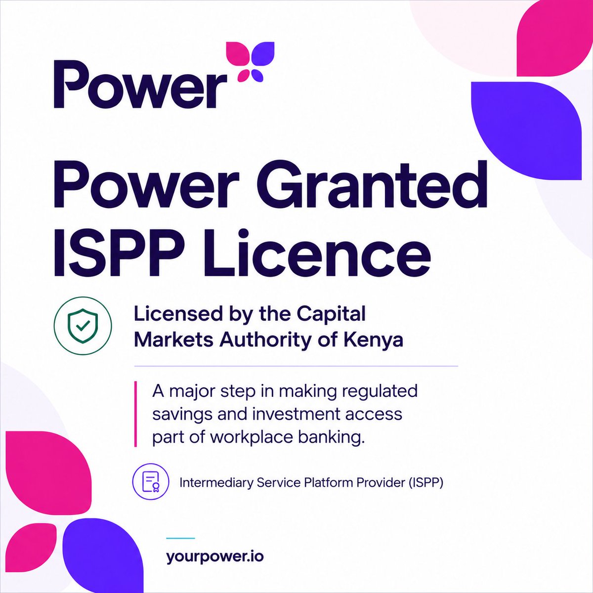 yourpowerapp's tweet photo. Power has been granted an ISPP licence by the Capital Markets Authority of Kenya.

A major step in making regulated savings and investment access part of everyday workplace banking, helping workers build financial resilience from the income they already earn.

#WorkplaceBanking https://t.co/YzWe0AB8VO