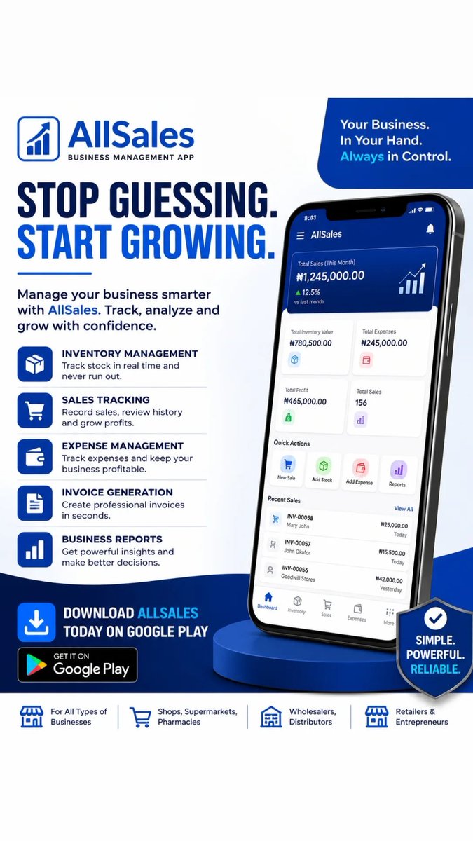 Alwaysbegoodb's tweet photo. 🌅 Good Morning, Business Owners!

Every successful business starts with one decision: to stay organized.

Don't let poor record-keeping slow your growth.

With AllSales Business Management App, you can:

📦 Manage your inventory with ease
💰 Track every sale accurately
🧾 Record your expenses
📈 Monitor your business performance in real time
📄 Generate professional invoices in seconds

Whether you run a retail shop, supermarket, pharmacy, wholesale business, or any growing enterprise, AllSales is built to help you work smarter—not harder.

🚀 Take control of your business today.

📲 Download AllSales on Google Play and start growing with confidence.

#AllSales #BusinessManagement #InventoryManagement #SalesTracking #SmallBusiness #Entrepreneur #NigeriaBusiness #BusinessGrowth #GoodMorning #GrowYourBusiness