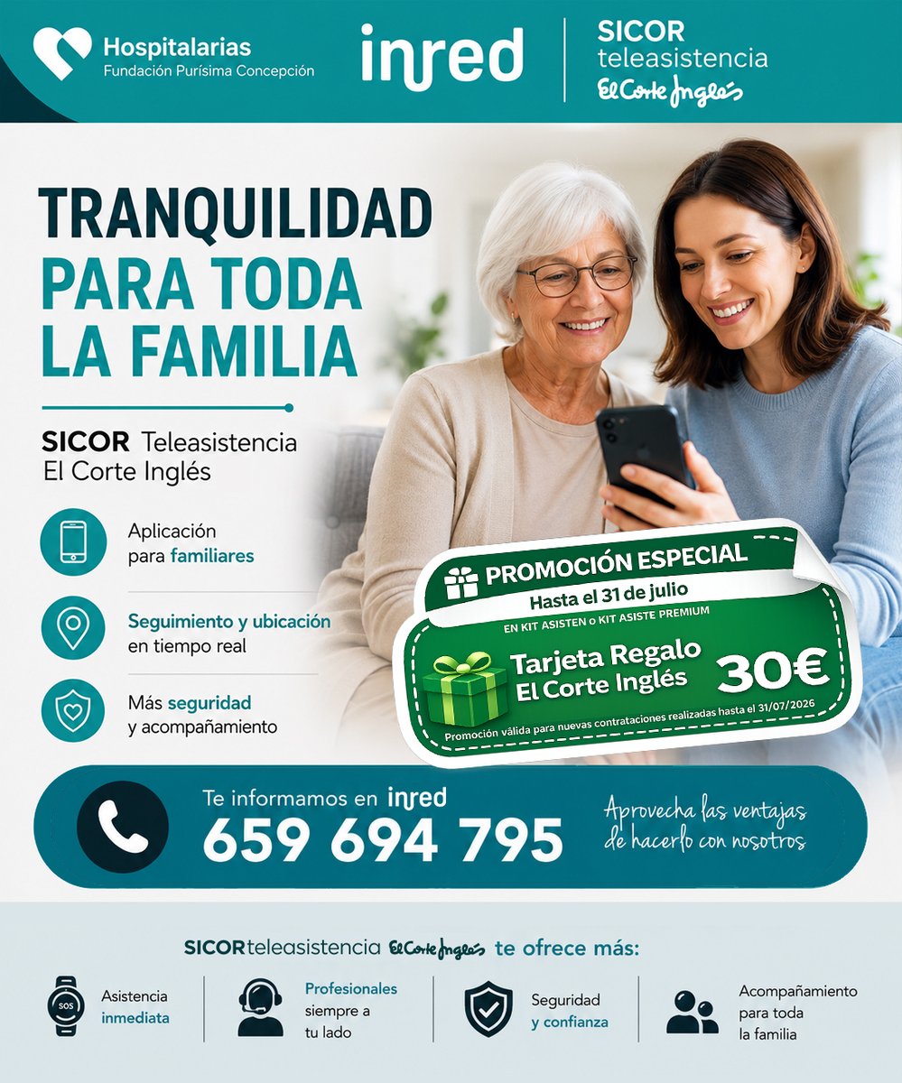 HospitalariasGr's tweet photo. La tranquilidad también es para las familias.
Con la aplicación para familiares de SICOR Teleasistencia El Corte Inglés es posible conocer información relevante y disponer de herramientas que aportan mayor seguridad y acompañamiento.
📞 659 694 795
#InRed #Teleasistencia https://t.co/J6k6OHMeeu