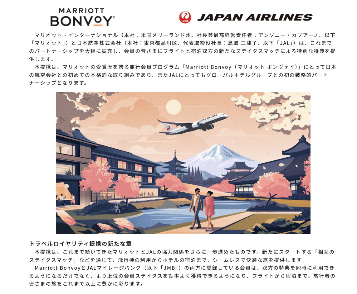 piping_cosme's tweet photo. 【速報】JAL × Marriott Bonvoyが歴史的提携発表‼️
美容ではないんだけど、共有させて欲しい...実は海外旅行、特に韓国によく行くワイの豆知識コーナー📝

マイル貯めてる人、JAL修行してる人、マリオット修行してる人は今年イチのビッグニュースかも˖⁺  
・JALの上級会員→マリオットのエリート資格もらえる 
・マリオット会員→年間最大40,000ポイント(FOP)もらえる
・ステイタスマッチで航空・ホテル両方の上級会員が狙いやすくなる  

特に驚いたのがマリオット会員側の特典😳
年間もらえるポイントが
・一般：2,000
・シルバー：5,000
・ゴールド：10,000
・プラチナ：20,000
・チタン：30,000
・アンバサダー：40,000
飛行機乗らなくてもアカウント連携するだけで毎年もらえるのはマジで衝撃…
しかもチタン・アンバサダー会員は、貯まったポイント数によってJALのクリスタル以上にステイタスマッチできるチャンスもあるらしい✌️

一方でJAL側の会員にもメリットあり。
・サファイア→マリオットのシルバーもらえる
・JGCプレミア以上→ゴールドもらえる
・条件クリアでプラチナエリートも狙える

ホテル勢にもJAL勢にも得しかない、過去最大級の提携だと思う˖*
これ旅行業界の勢力図変わるレベル…