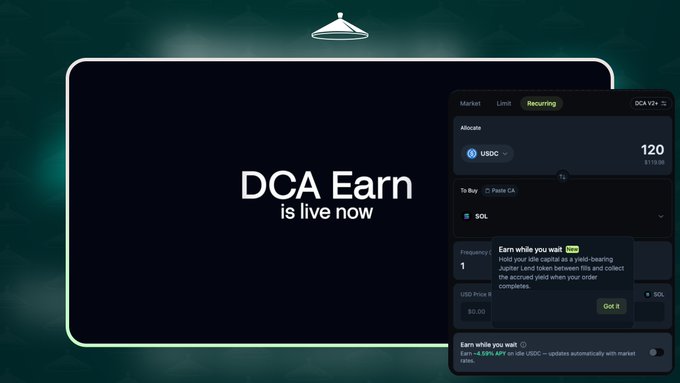 Juliuscrypt1's tweet photo. Gm CT 

You can really earn money while waiting for your DCA orders to fill on Jupiter. Go to recurring tab and toggle it on for your DCA and you're set currently at ~4.55 APY Just use Jupiter. https://t.co/qPfwVuxMkS