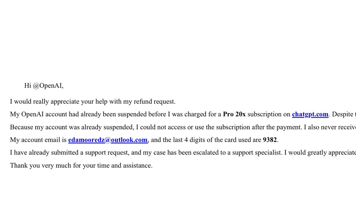 stanley_st69746's tweet photo. @thsottiaux I was charged improperly. Support rejected my request and no refund channel exists. I never got to use any services despite the payment. https://t.co/vKYAaLZAJm
