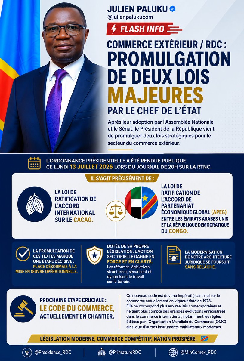 CDLumumba's tweet photo. Tournant historique pour le commerce extérieur. @fatshi13 a promulgué les lois sur le Cacao et l'#APEG avec les Émirats.
Une victoire législative pour @julienpalukucom, qui annonce déjà la refonte du Code du commerce de 1973 pour moderniser la #RDC. https://t.co/7Nf9xEXiBf