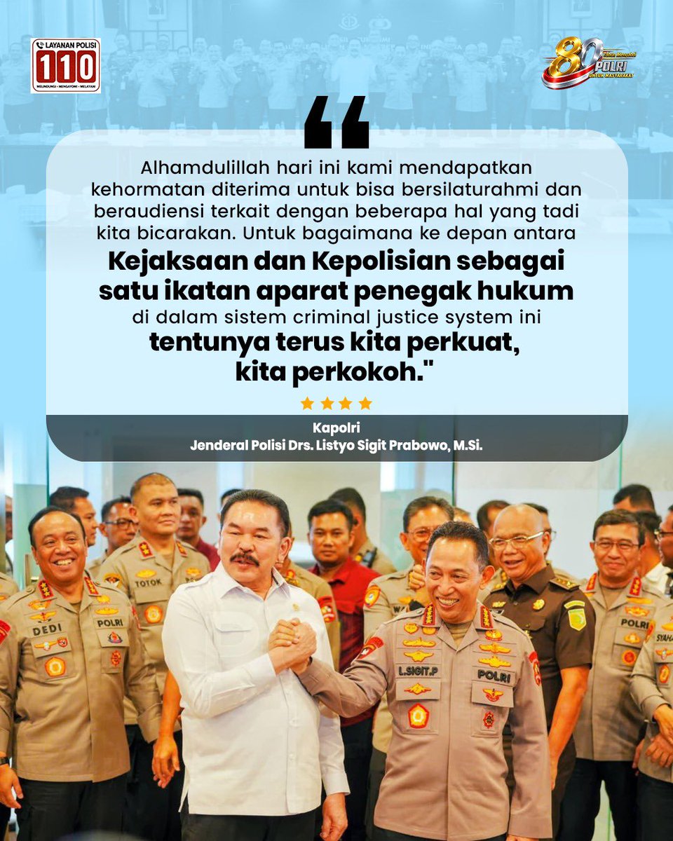 HumasMataram's tweet photo. Kapolri Jenderal Polisi Drs. Listyo Sigit Prabowo, https://t.co/7foJGmxRX8., menegaskan komitmen Polri bersama Kejaksaan untuk terus memperkuat sinergitas dalam sistem criminal justice system.

#SinergiPenegakanHukum yang Berkeadilan https://t.co/cxDKMbdeLS