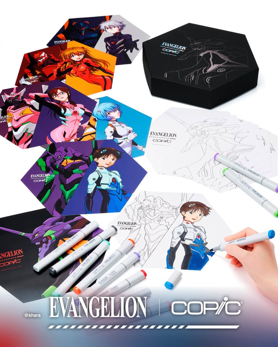COPIC_Official's tweet photo. EVANGELION × COPIC

エヴァンゲリオン30周年を記念した
限定コピックセットが登場。

コピックのカラーマークをエヴァンゲリオン由来の特別名称でデザイン。
本体にはコラボロゴを特別印字した限定仕様です。

プレミアムセットはハニカム型ぬりえ＆イラストカード付き。塗っても飾っても楽しめます。