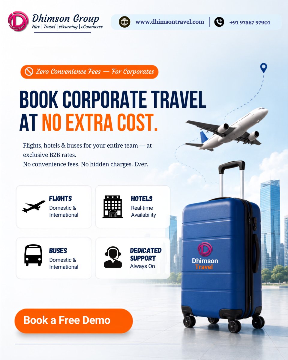 DhimsonT52064's tweet photo. Free to join | Zero convenience fees | Built for corporates. 
Flights, hotels &amp; buses at exclusive B2B rates — No hidden charges
📅 Book a Free Demo → https://t.co/68R9iGldOU | 📞 +91 97567 97901
#FreeRegistration #NoConvenienceFee #CorporateTravel #DhimsonTravel #B2BTravel https://t.co/2dITuI9NDl