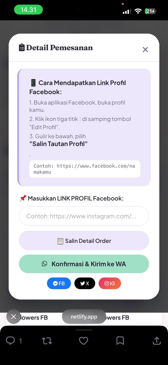teeredech's tweet photo. kakak bisa ke website aku di pinned klik linknya aja yaa, jangan lupa siapin tautan profil kakak, karna kakak nyari fb bisa ikutin tata caranya yaa!, tinggal masukan aja, kalau mau ke dm bisa salin detail ordernya terus dm aku, kalau mau sung ke wa bisa pencet konfirmasi! https://t.co/GH56tMcMae