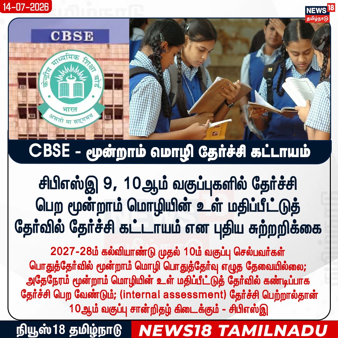 News18TamilNadu's tweet photo. சிபிஎஸ்இ 9, 10ஆம் வகுப்புகளில் தேர்ச்சி 
பெற மூன்றாம் மொழியின் உள் மதிப்பீட்டுத் 
தேர்வில் தேர்ச்சி கட்டாயம் என புதிய சுற்றறிக்கை 

#CBSE #CBSEBoardExams #ThirdLanguage #InternalAssessment #News18Tamilnadu | https://t.co/3v5L32pLWJ https://t.co/9O642IOxuz