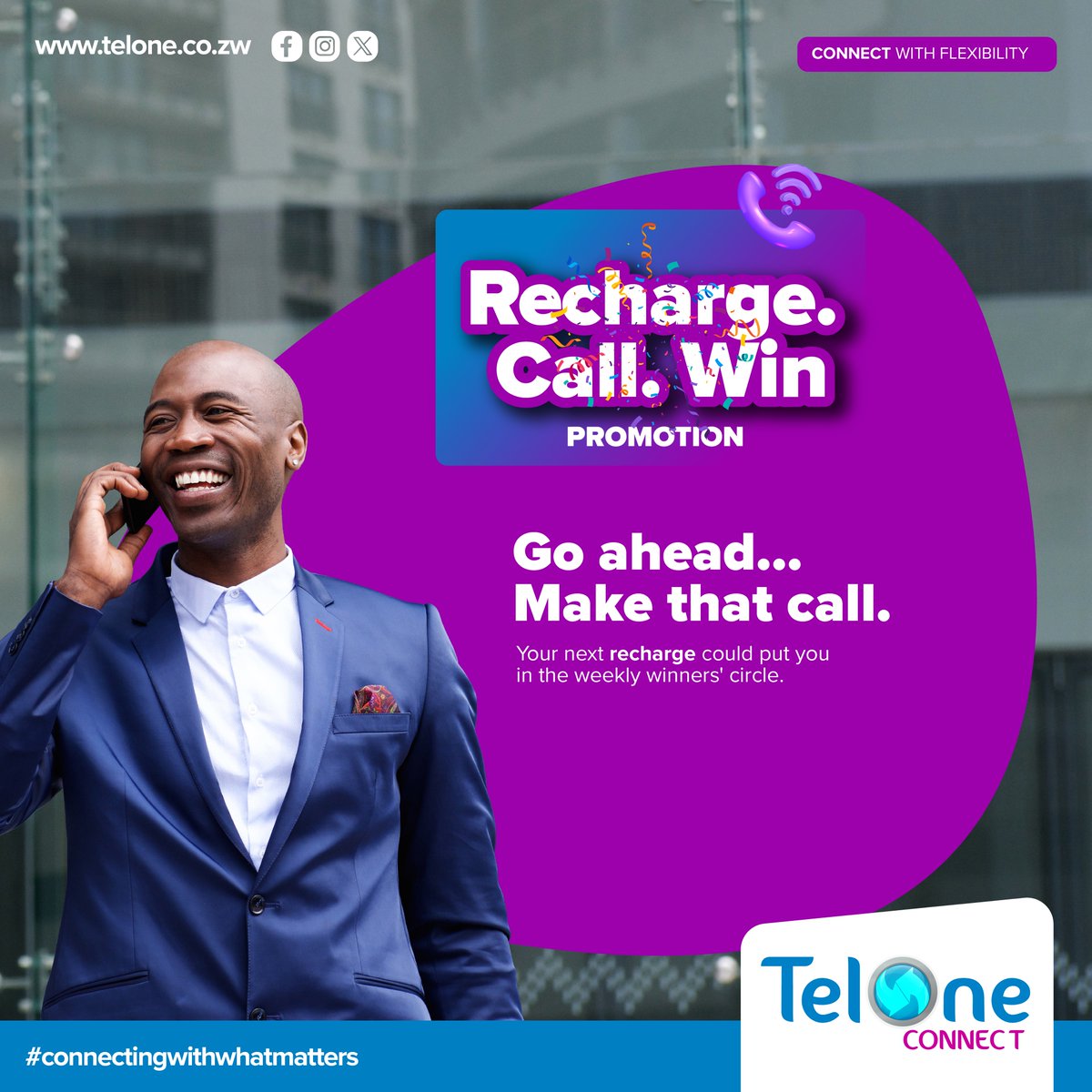 TelOneZW's tweet photo. Go ahead... Make that Call with TelOne Connect! 📞✨
Recharge today and start winning.
#RechargeCallWin
#ConnectingWithWhatMatters https://t.co/W3iWBTKFfI