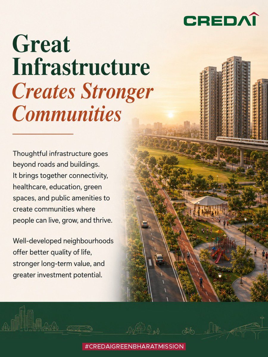 CREDAINational's tweet photo. Behind every thriving neighborhood is strong infrastructure that supports growth and everyday life.

@CREDAIPresident | @BRustomjee | @gummi_ram | @DhavalAjmera | @Kepee65PRAMOD | @shobhikgoyyal | @deepakkap09

#CREDAI #Infrastructure #UrbanGrowth #Investment #FutureReady https://t.co/aR2QM71213
