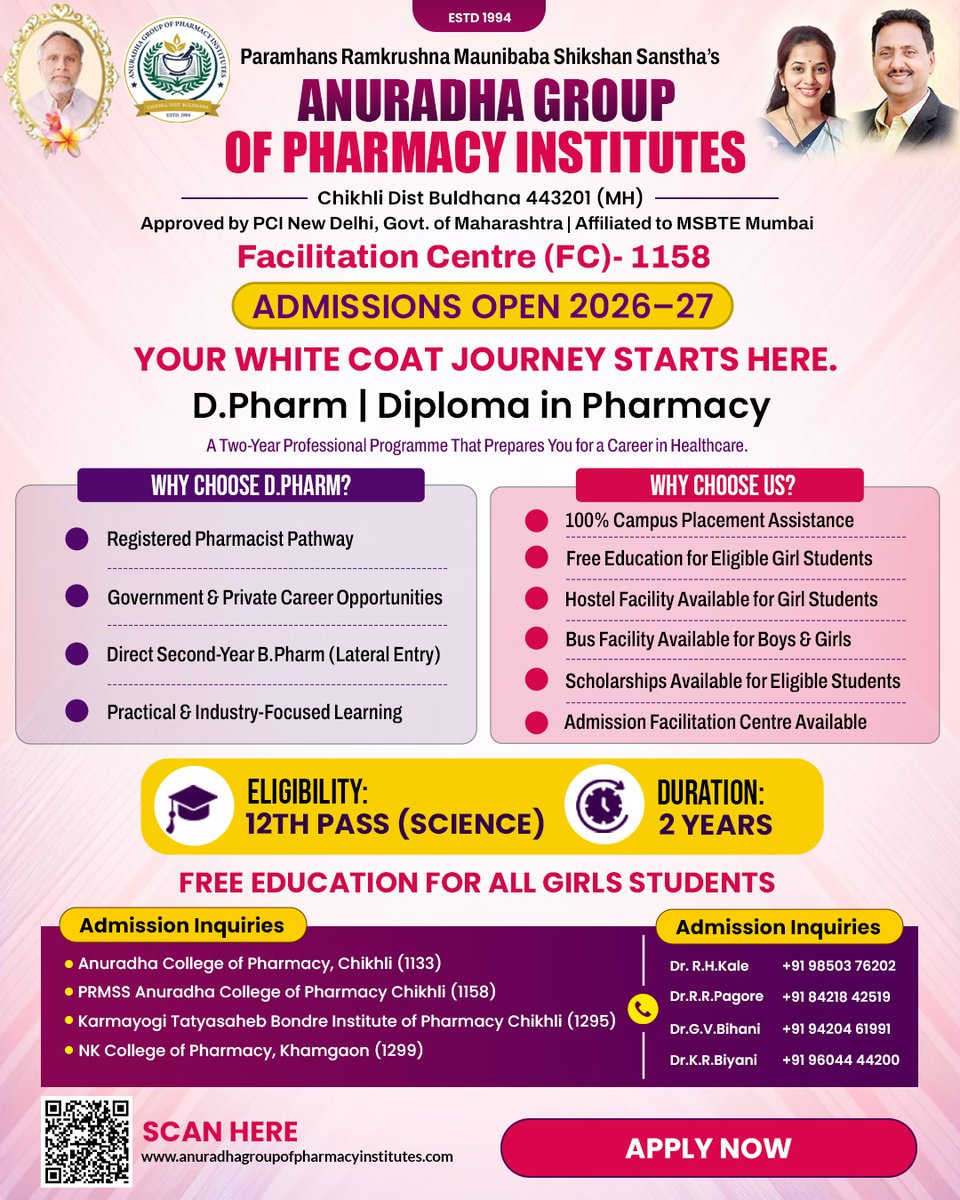 Anuradhapharma2's tweet photo. 🥼 Your White Coat Journey Starts Here.
Begin your pharmacy career with D.Pharm.
📢 Admissions Open 2026–27
Admission Enquiries
📞 Dr. R.H. Kale – 9850376202
📞 Dr. R.R. Pagore – 8421842519
📞 Dr. G.V. Bihani – 9420461991
📞 Dr. K.R. Biyani – 9604444200
#DPharm #AdmissionsOpen https://t.co/iELZWQqHmh