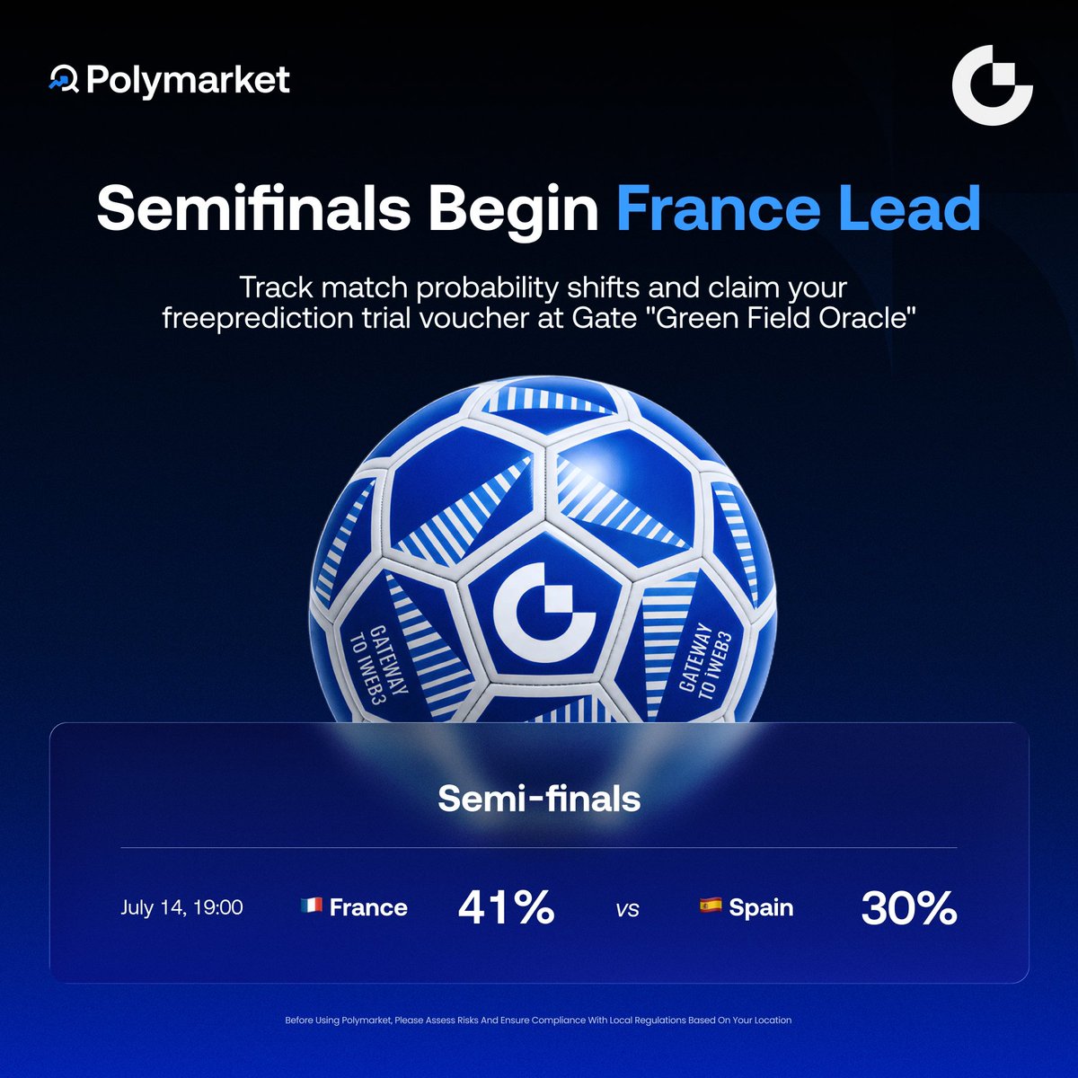 Nomad_of_Gate's tweet photo. 🇫🇷 France vs Spain. 
The first semifinal is almost here! ⚽

Current community prediction:

🇫🇷 France — 41%
🇪🇸 Spain — 30%

I'm leaning toward France, who are you backing?

👇 Make your prediction and share the 100,000 USDT prize pool:
 https://t.co/a0NJgbfGb4

#FIFA #worldcup #polymarket