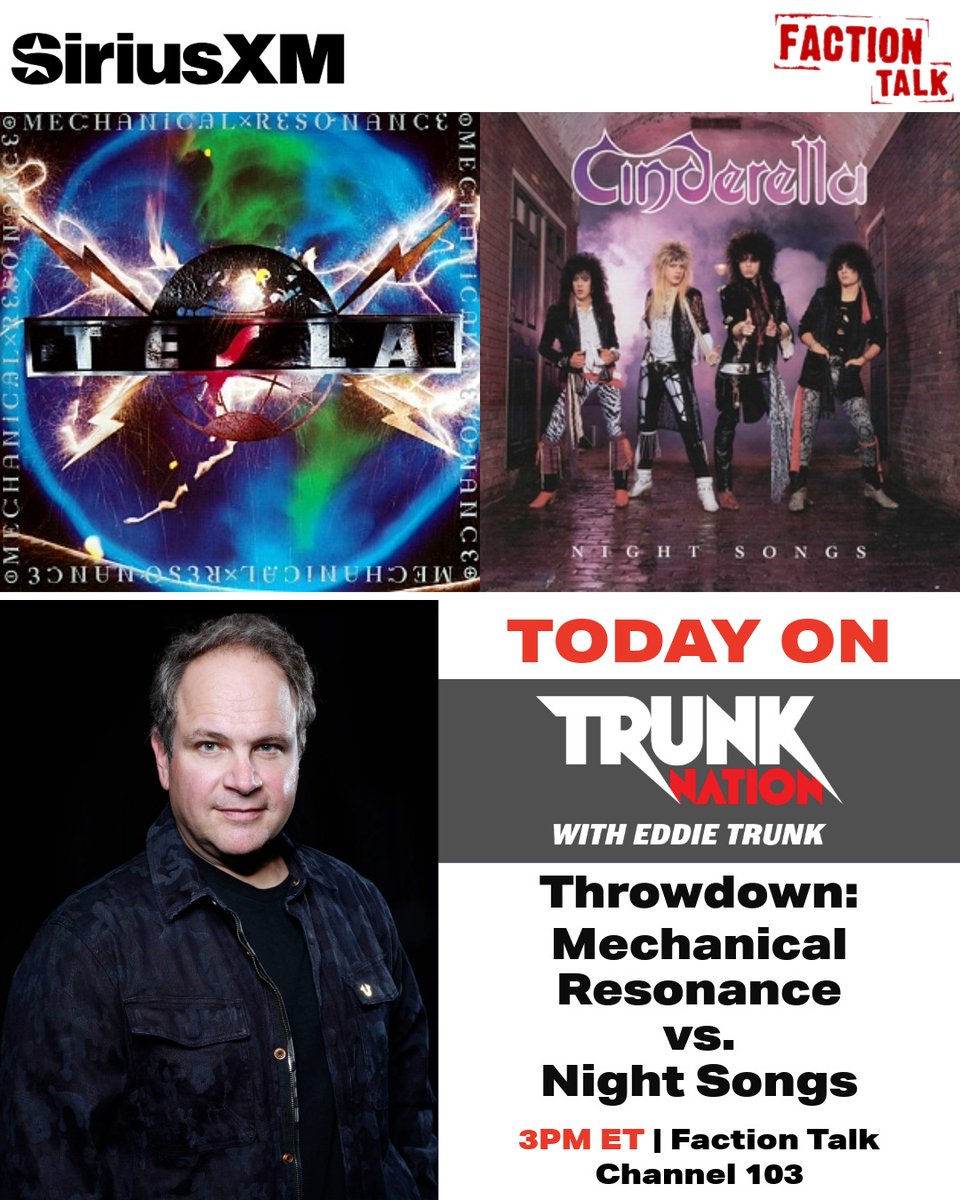 TrunkNationSXM's tweet photo. Today on a #TrunkNationThrowdown - @EddieTrunk brings you a battle of 2 debut albums turning 40 this year, @TeslaBand Mechanical Resonance &amp; Cinderella Night Songs - call in with your pick!

📞844-686-5863
⏰3-5pET
📻@factiontalkxl 103 &amp; the @SIRIUSXM app: https://t.co/nwKVQse6VH https://t.co/nD4NyH4mPi