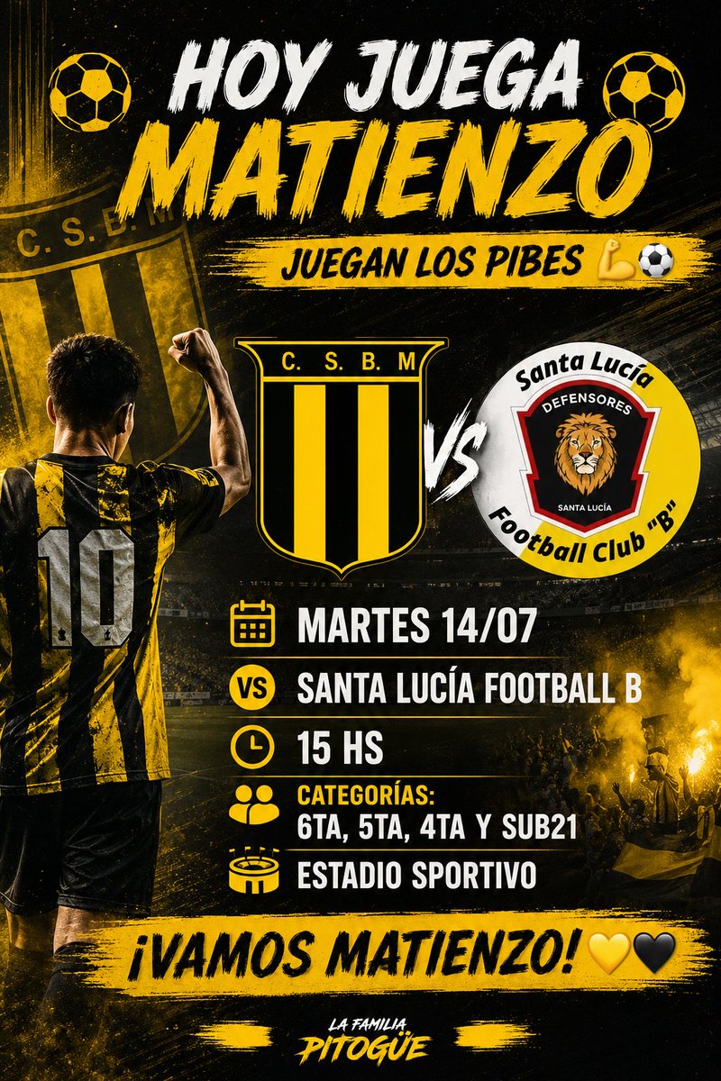 PrensaMatienzo's tweet photo. ⚽💛🖤 HOY JUEGA MATIENZO 💛🖤⚽
JUEGAN LOS PIBES 💪⚽️
📅 MARTES 14/07
🆚 SANTA LUCÍA FOOTBALL B
🕓 15 HS
CATEGORÍAS: 6TA,5TA,4TA Y SUB21
🏟 ESTADIO SPORTIVO
¡VAMOS MATIENZO! 💛🖤

#TorneoOficial #InfantoJuvenil https://t.co/P4jMcAK1eH