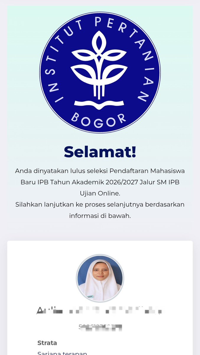 AVOCALIEZ's tweet photo. Alhamdulillah, lolos PVT IPB 63 😭🥹🤏💙 #IPB https://t.co/r4vdsBNNAf