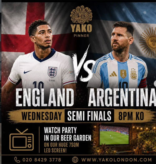 PinnerLocal's tweet photo. Yako Pinner - ⚽ England vs Argentina One Epic Semi-Final. Let's bring it home, England! 🏆 ❤️🤍 The stage is set for a football classic &amp; there's no better place to experience every moment than 📍Yako Pinner 🕗 Wed | 8:00 PM Kick off
020 8429 3778
https://t.co/0Z2ZPJhXeU https://t.co/C4csCDScBm