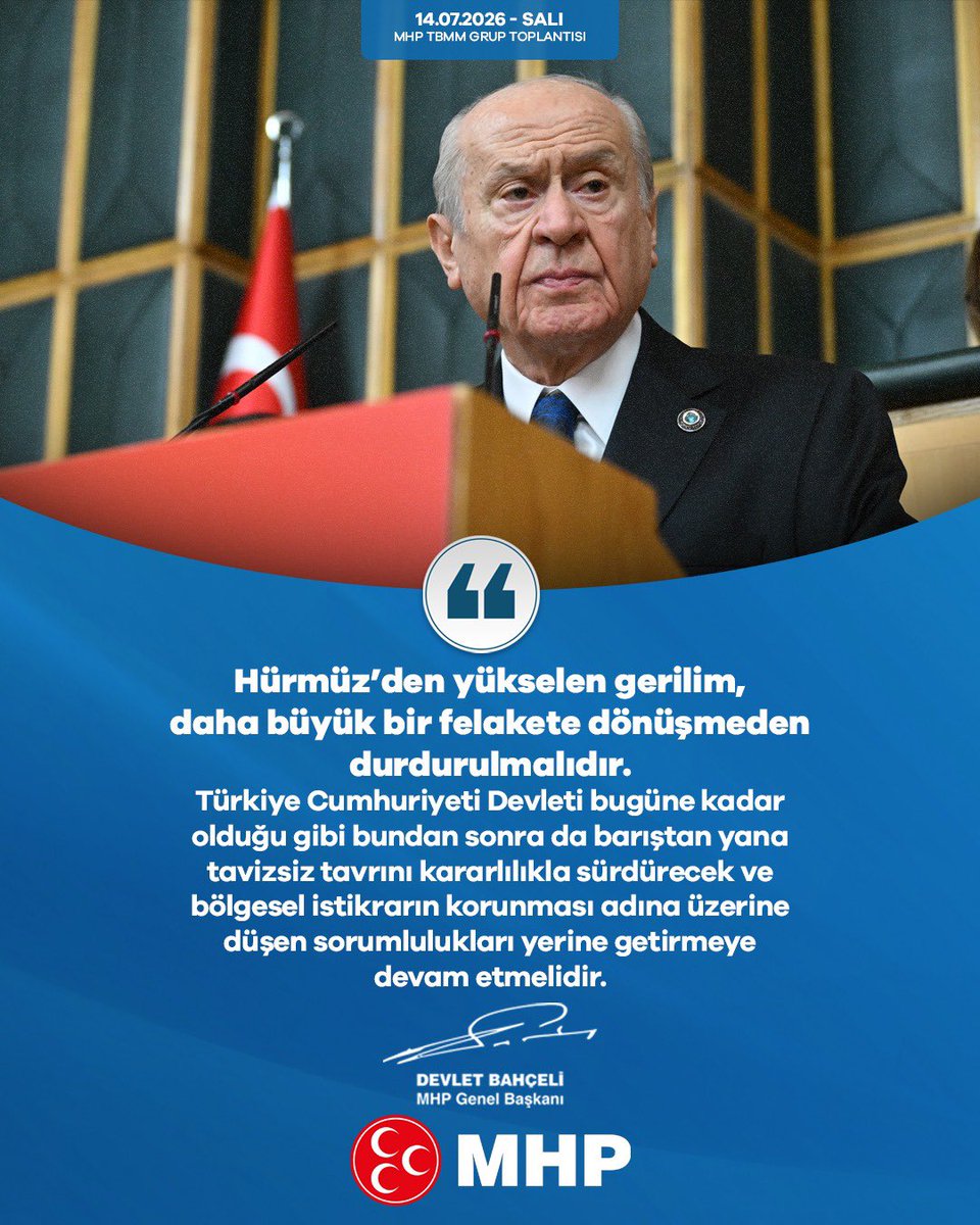 Ulku_Ocaklari's tweet photo. Hürmüz’den yükselen gerilim, daha büyük bir felakete dönüşmeden durdurulmalıdır.
Türkiye Cumhuriyeti Devleti bugüne kadar olduğu gibi bundan sonra da barıştan yana tavizsiz tavrını kararlılıkla sürdürecek ve bölgesel istikrarın korunması adına üzerine düşen sorumlulukları yerine getirmeye devam etmelidir.

MHP Genel Başkanı
Devlet BAHÇELİ
