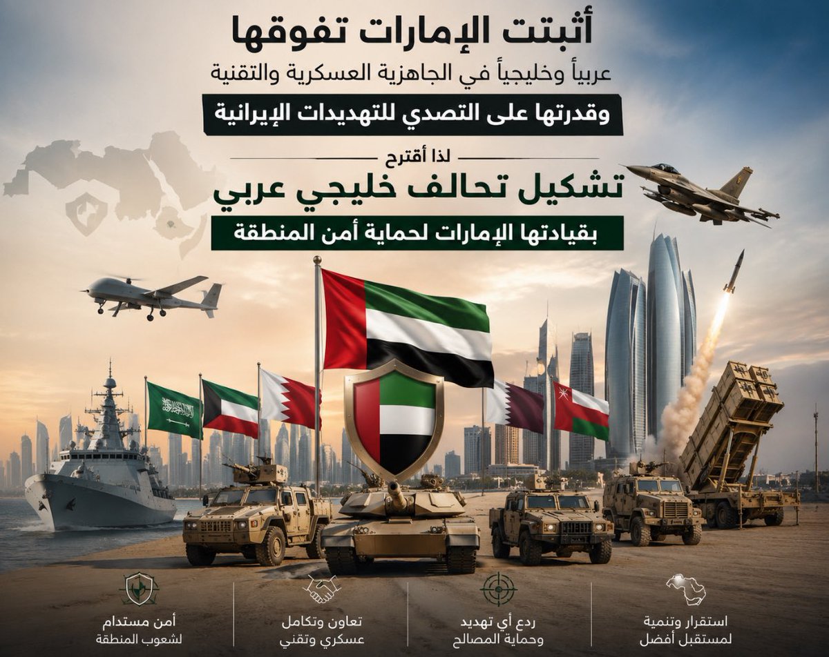 MohdTaqi11's tweet photo. أثبتت الإمارات تفوقها عربياً وخليجياً في الجاهزية العسكرية والتقنية وقدرتها على التصدي للتهديدات الإيرانية

لذا أقترح تشكيل تحالف خليجي عربي بقيادتها الإمارات لحماية أمن الخليج والمنطقة https://t.co/nol5Jw10PJ