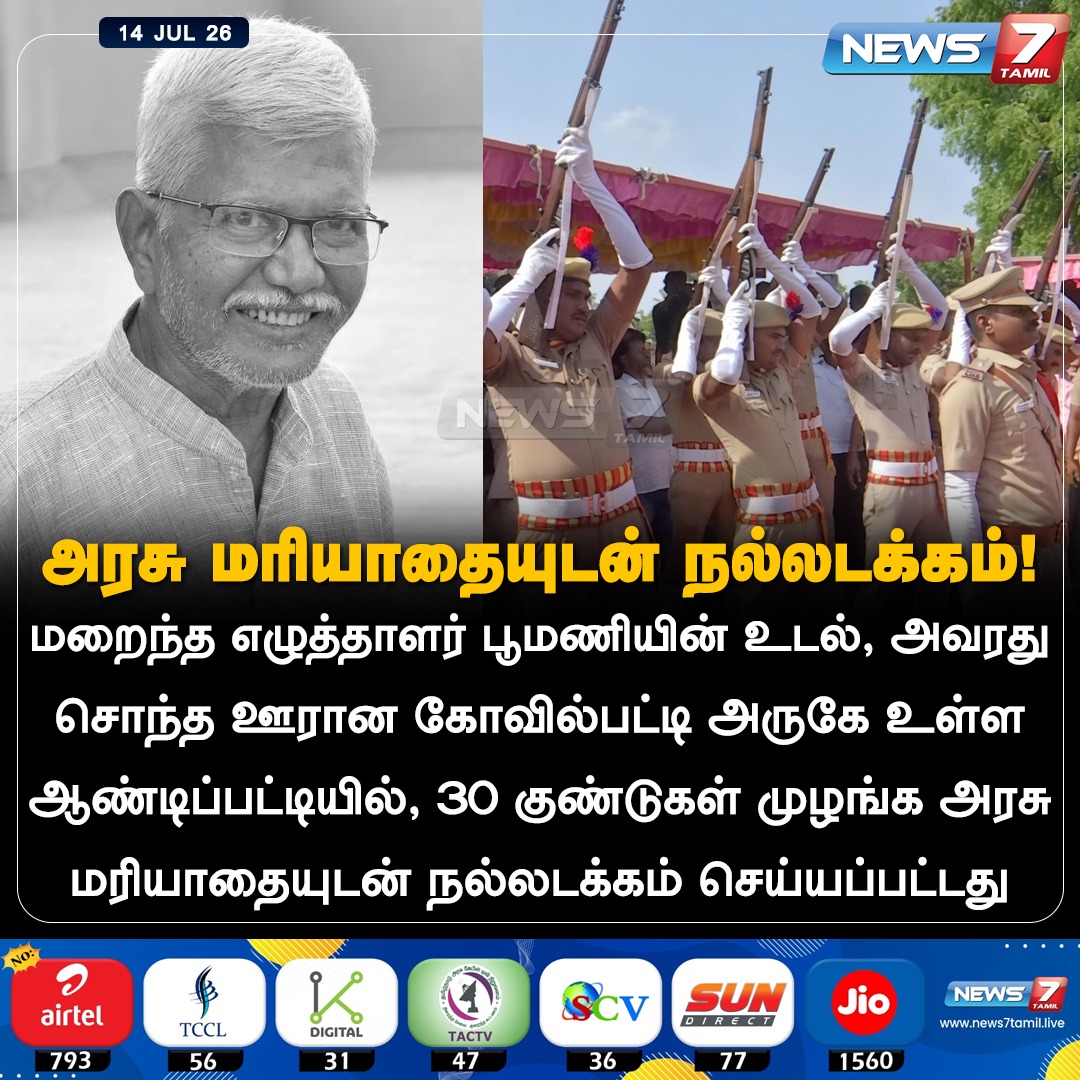 news7tamil's tweet photo. அரசு மரியாதையுடன் நல்லடக்கம்!
#Poomani | #WriterPoomani | #RIP | #AsuranMovie | #Kovilpatti https://t.co/y6eBm7qxg8