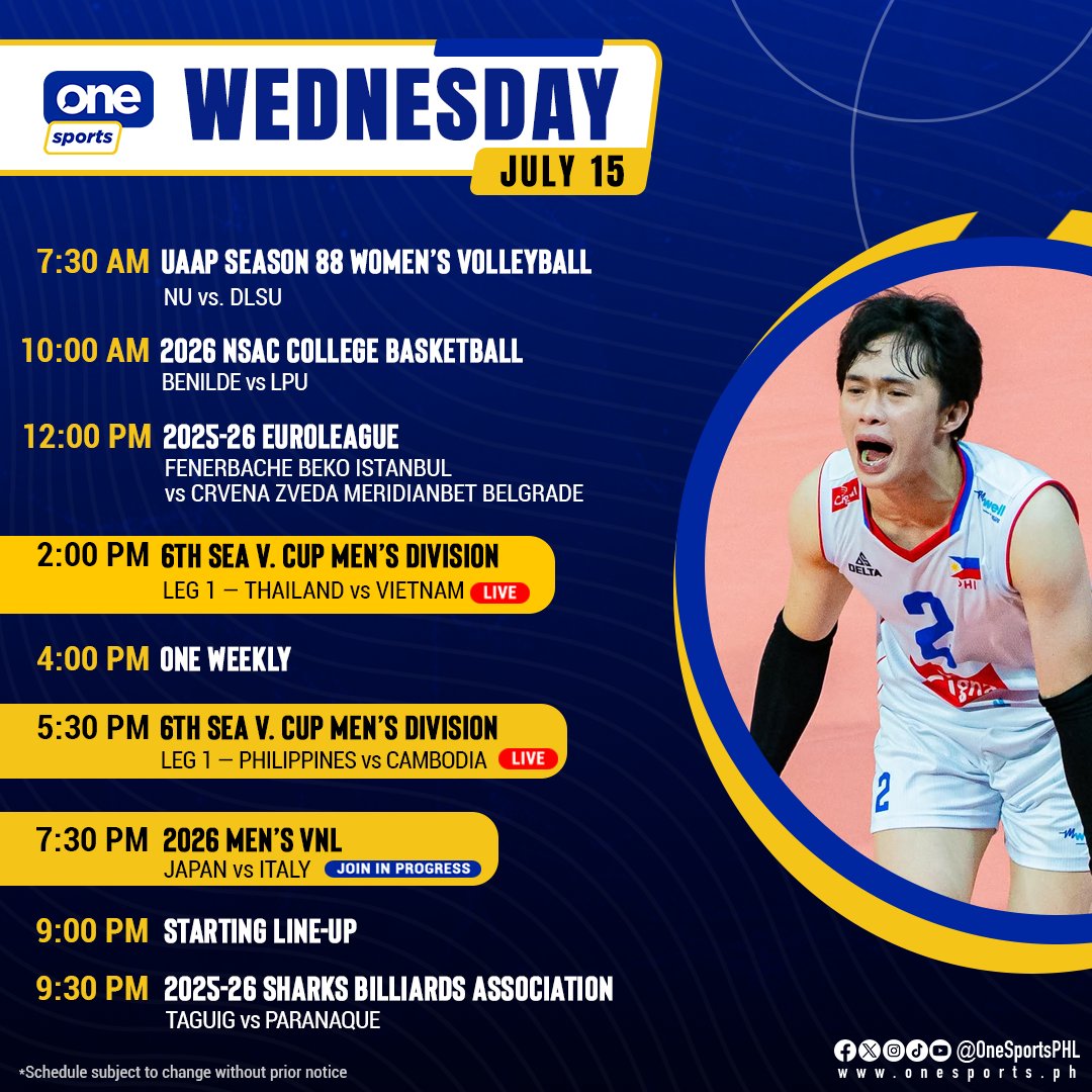 OneSportsPHL's tweet photo. Don’t miss the opening game of the Alas Pilipinas Men in Leg 1 of the 6th SEA V.Cup, LIVE this Wednesday on One Sports! #GameTayo https://t.co/grNabNpfmf