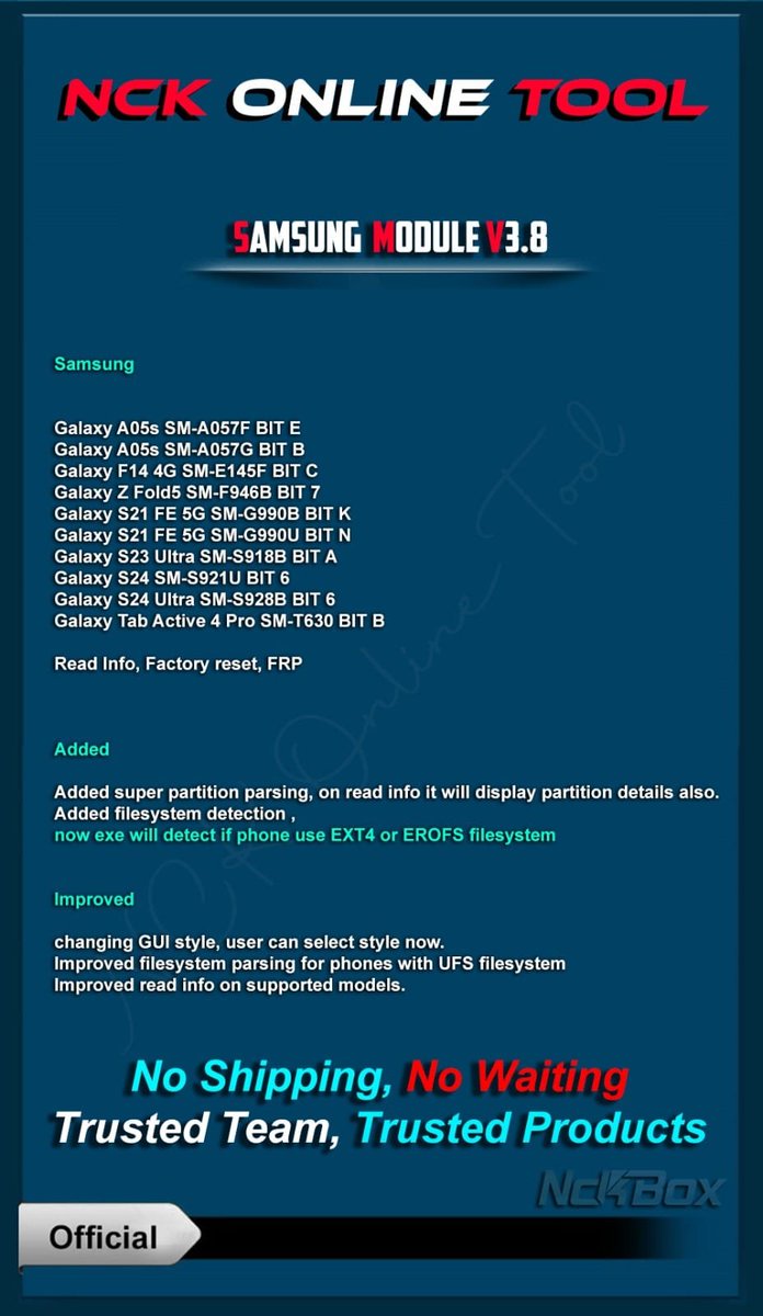 my77157's tweet photo. NCK Online Tool Samsung Module v3.8 Released

Tool Link: https://t.co/3QPyP5RECS

Read Info, Factory reset, FRP

Added super partition parsing, on read info it will display partition details also.

#NCKOnlineTool #samsungTool #FRPReset #PaidTool #GSMTool https://t.co/olecPPrXzr