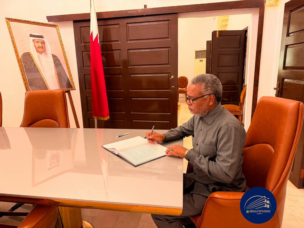 ETEmbassyJIB's tweet photo. H.E. Ambassador Legesse Tulu signed the book of condolences at the Embassy of the State of Qatar in Djibouti, conveying his heartfelt sympathies and condolences on the passing of His highness Sheikh Hamad bin Khalifa Al Thani, the former emir of the State of Qatar. @QatarEmb_Dj https://t.co/y2VSJF6Piz