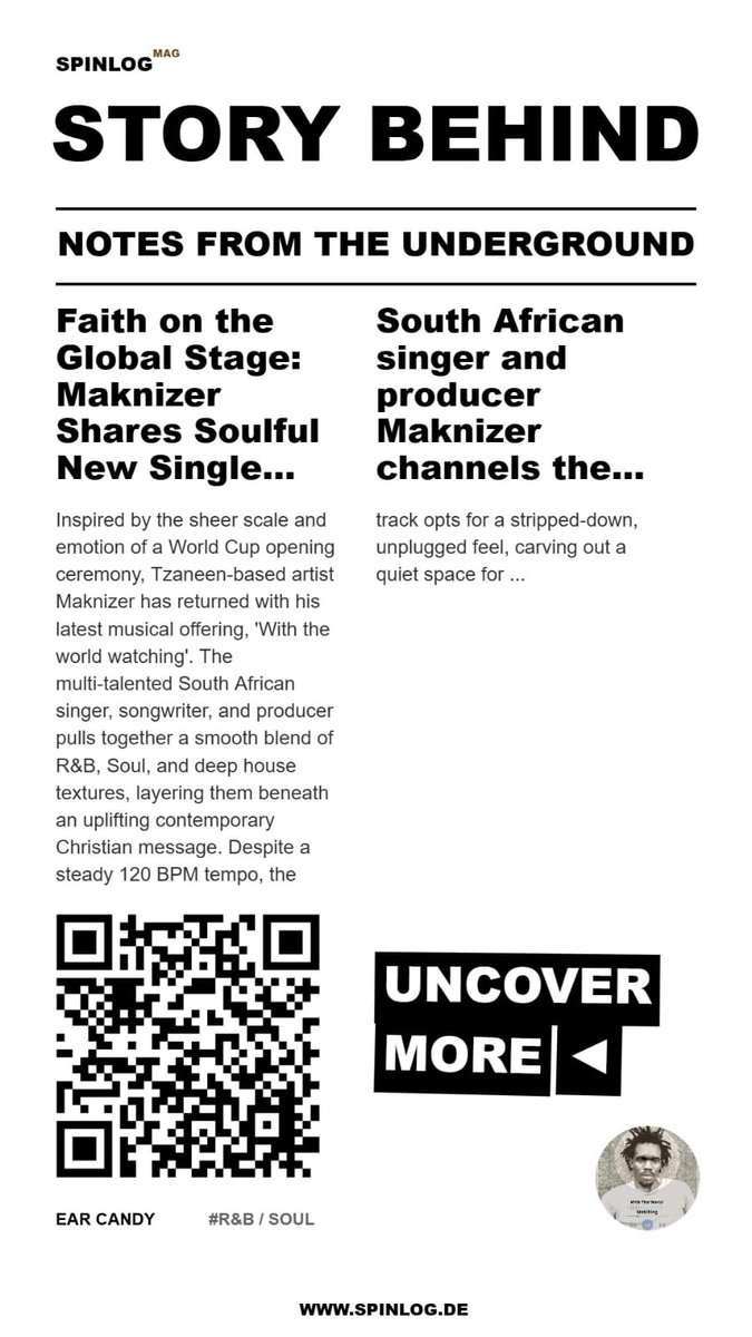maknizer's tweet photo. From the heart of SA🇿🇦
Maknizer is back with a stunning new single; a soulful track dat beautifully fuses the grand energy of a World Cup anthem with laid-back, organic R&B nd worship.
#SPINLOGMAG #WithTheWorldWatching #RandB #NewMusic
thanks to @telnhq (Founder of Spinlog MAG) https://t.co/lislDtRg5E