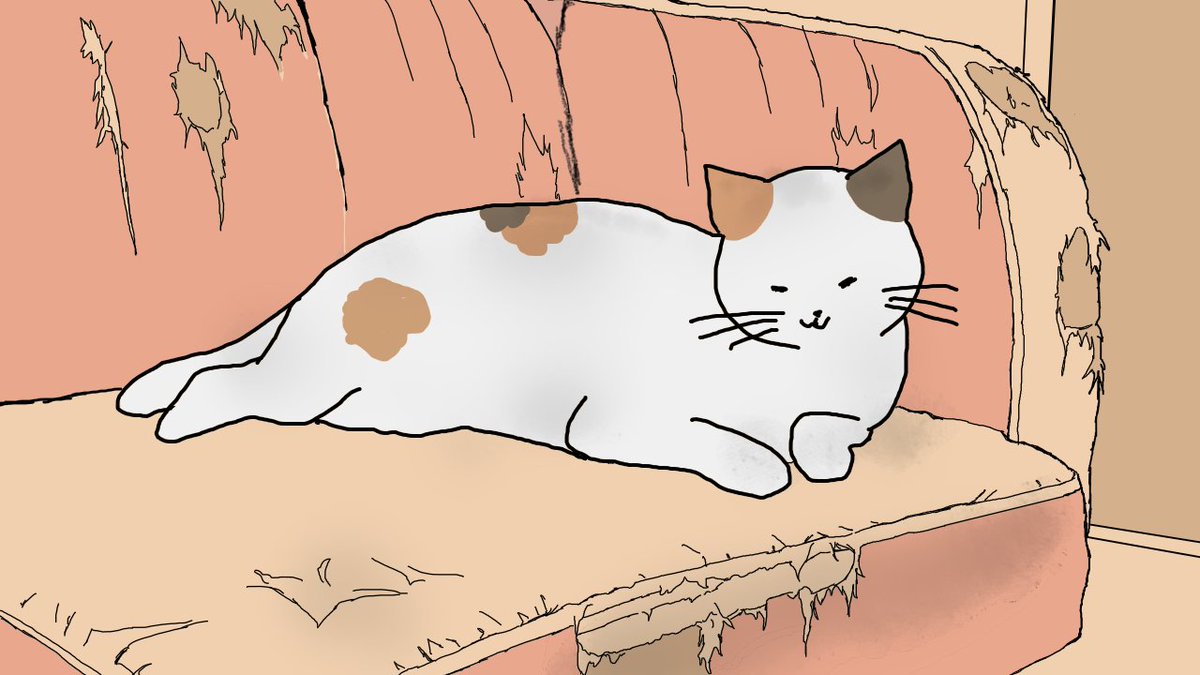 Jocoli31's tweet photo. #ゲーム制作
シャケの切り身のようなソファーを描いてしまった！！ボツ！
この猫のポーズは実際に野良猫がしてたんだよー

また、ゲ制に集中したいので暫く消えます！👋 https://t.co/yiiQmjDIVp