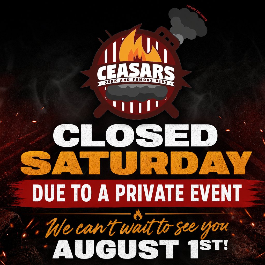 CeasarsRibsFL's tweet photo. We’ll be closed this Saturday and next for a private event — but don’t worry, the smoke returns August 1st! 📷 We can’t wait to serve you again soon.
#CeasarsFamousRibs
#FollowTheSmoke
#BBQLife
#PrivateEvent
#SeeYouAugust1 https://t.co/FfpjTAsrza