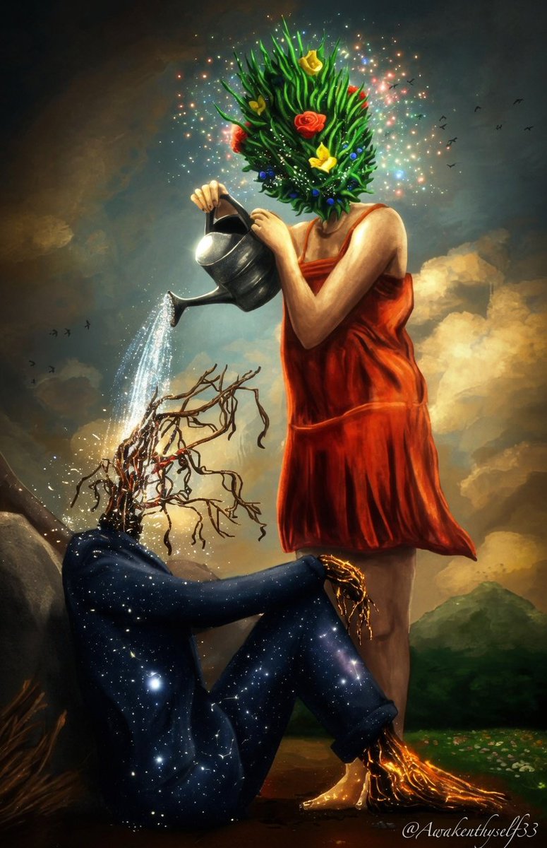 Awakenthyself33's tweet photo. THE SACRED ALCHEMY OF LOVE:WATERING THE COSMIC SOUL AND AWAKENING THE WITHERED ROOTS OF EXISTENCE 

Love is not just a quiet feeling, it is an active, pouring grace that breathes life into the driest seasons of our souls. When we are depleted and feel like nothing but withered, brittle branches, the love we receive and the love we dare to give acts as the ultimate spiritual nourishment. It is the sacred bridge that connects our individual, isolated struggles to the vast, interconnected heartbeat of the universe.

To love someone is to look past their winter and gently water the seeds of their potential, trusting that they will bloom again in their own time. The vibrant, flowering figure does not demand the dry branches to change instantly, she simply pours her essence into them with unconditional patience and presence. This reminds us that true spiritual love does not judge our brokenness, but instead recognizes the infinite, starry cosmos waiting to awaken beneath our weary surfaces.

Ultimately, this divine exchange teaches us that we are healed through the flow of connection, proving that no one is meant to grow entirely alone. When we open our hearts to receive love, our roots dig deeper into the earth, anchoring us in a profound sense of belonging and peace. By choosing to be both the one who pours and the one who receives, we align ourselves with the highest spiritual truth: that love is the water, the seed, and the blossom of life itself. ✨🙌🏿💫