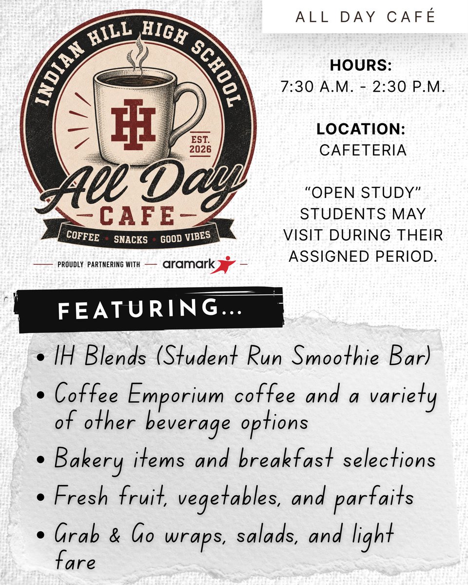 indianhillhs's tweet photo. We’re excited to partner with @Aramark to enhance the student dining experience at IHHS! Beginning this school year, new food and beverage options will be available starting at 7:30 a.m. We can’t wait for students to experience our new All Day Café! #AllDayCafe #IHPromise https://t.co/mT649kdVFG