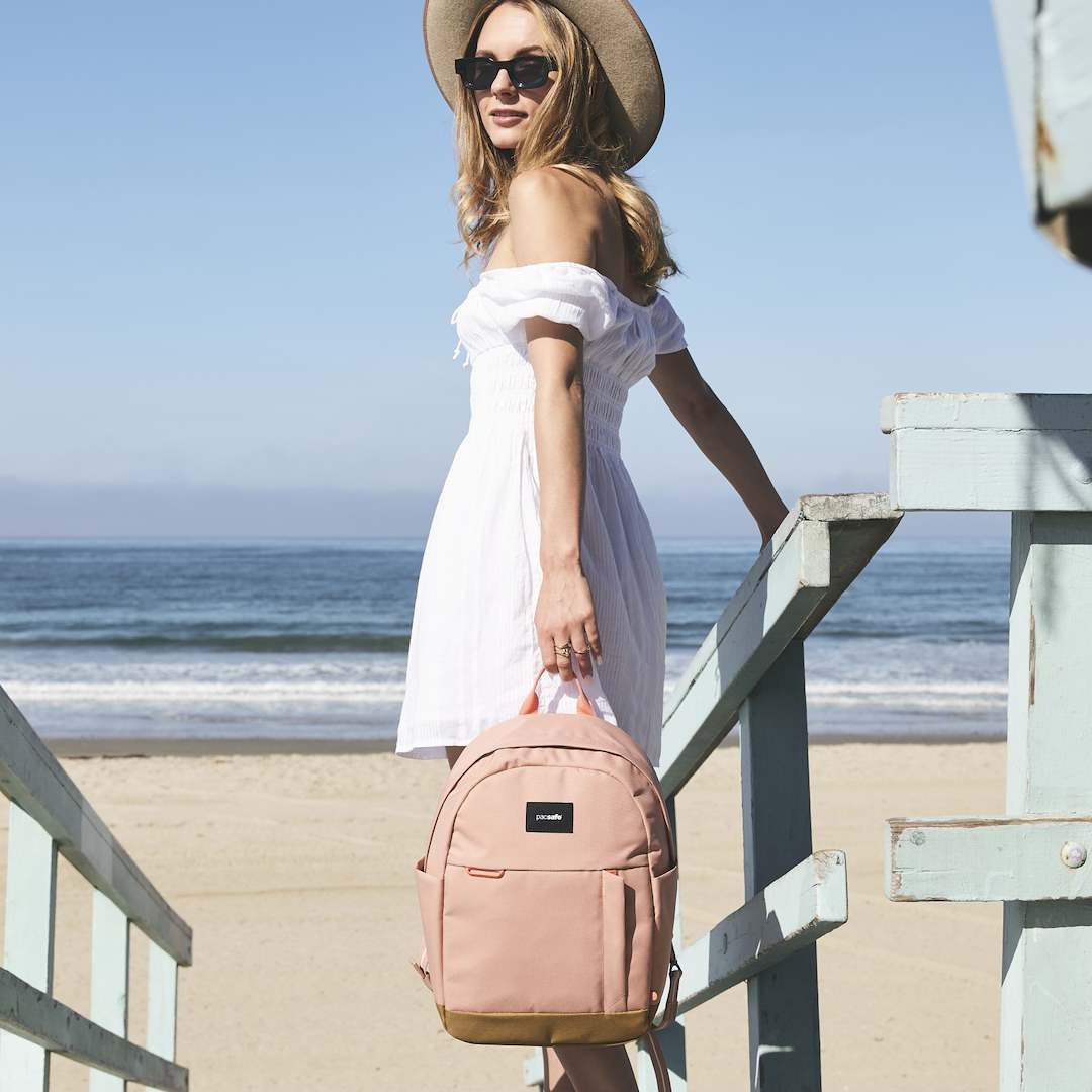 LuggageCity's tweet photo. We stock what we'd carry ourselves. The Pacsafe Go 15L Anti-theft Backpack - compact rose nylon, hidden storage pocket, fits a 13" laptop. Made for days when you move through the world on your own terms. #luggagecity #pacsafe https://t.co/SuUHgKtvUi