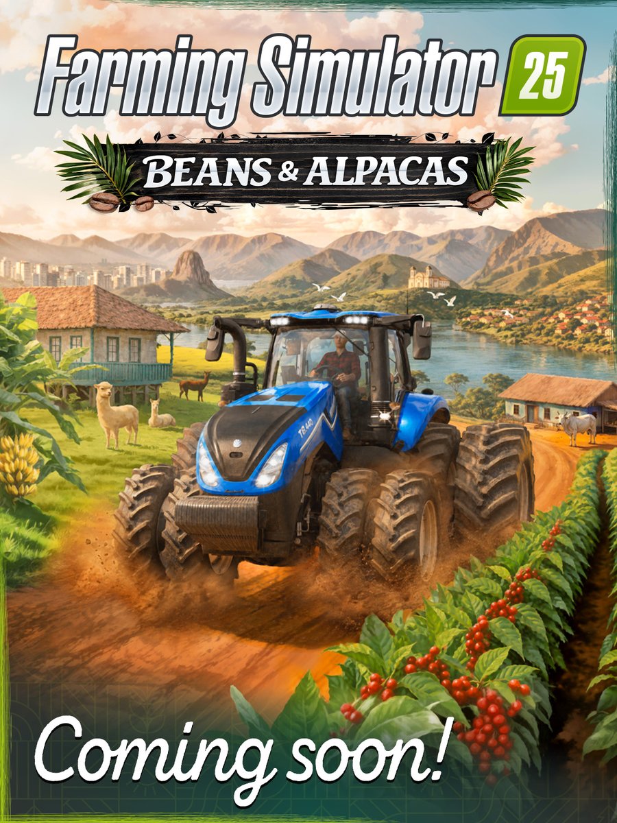 farmingsim's tweet photo. 🦙 Beans &amp; Alpacas is coming to Farming Simulator 25! ☕
Explore Catuaí with coffee farming, new animals, fresh production chains and more than 25 new machines. 🚜

Releasedate? Check our Trailer &amp; Blog 👇
🎥 https://t.co/K3kQn8mOaS
🔗 https://t.co/EHDdnBqySt https://t.co/a1iofUDiav