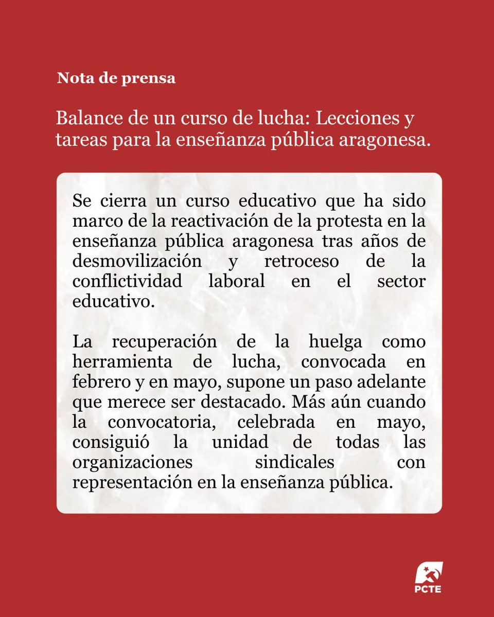 PCTE_Aragon's tweet photo. 👨🏻‍🏫 ¿Qué enseñanzas deja el último curso de movilización en la enseñanza pública aragonesa?

👉🏼 Tras meses de conflicto, huelgas y movilización, hacemos balance de lo conseguido, de sus límites y de las tareas que quedan por delante. https://t.co/CGj0WuI1PD
