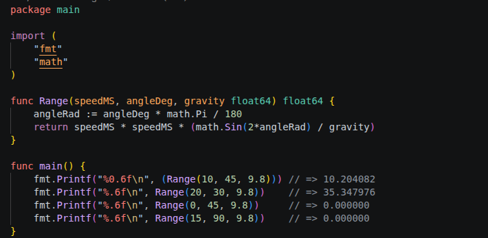 carrotdev_'s tweet photo. TIL: math.Sin takes radians, period. Degrees · π/180 first — and name the converted variable (angleRad) so the units are visible in the code, not just in your head.
#golang https://t.co/obTwk5orHj