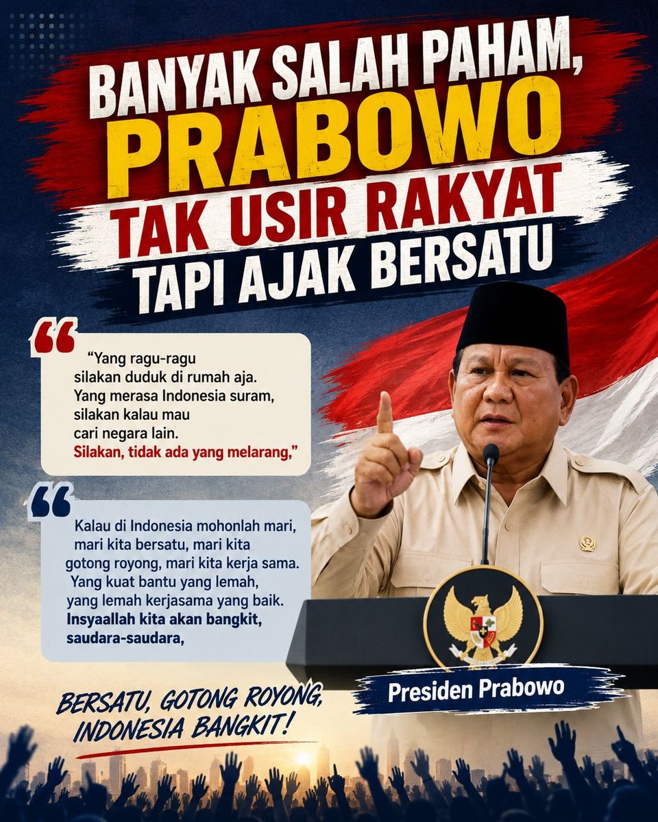 rojan_honki's tweet photo. Daripada fokus sama narasi yang memecah belah, mending kita fokus kerja bareng. Inti dari Pidato Presiden kali ini adalah ajakan tulus untuk saling merangkul dan bangkit bersama.
#MemaknaiPidatoPresiden #PersatuanBangsa #Optimisme https://t.co/4CwKboXyBZ