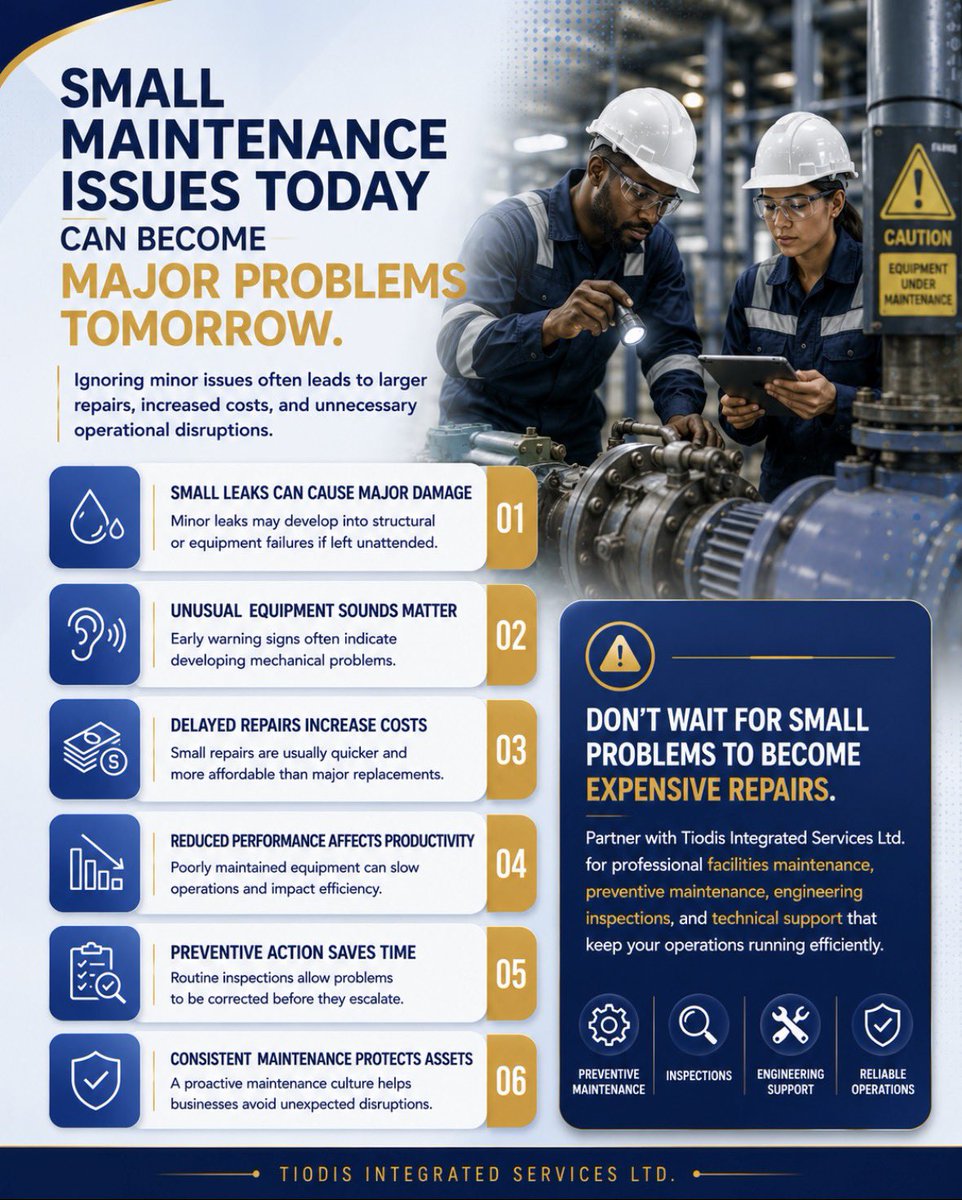 tiodisintserv's tweet photo. The smallest maintenance issue today can become tomorrow’s biggest repair bill.

Routine maintenance helps prevent costly breakdowns, extends the life of your assets, and keeps operations running smoothly.

Don’t wait for minor problems to become major setbacks. https://t.co/gcA3SGiJkY