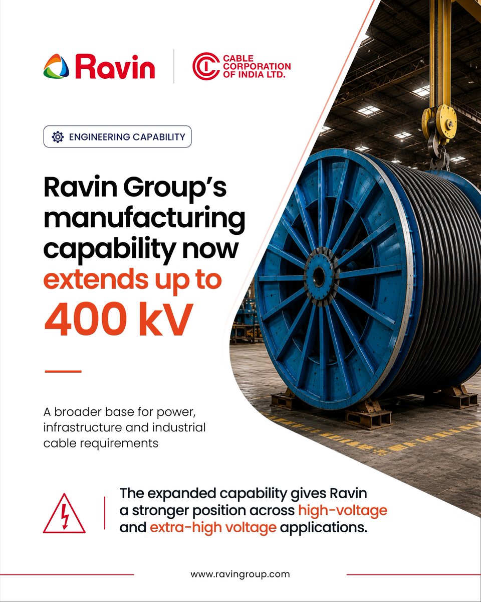 Ravingroup's tweet photo. Following the acquisition of CCI, Ravin Group's manufacturing capabilities now extend up to 400 kV.

A stronger manufacturing base. Greater high-voltage capabilities. Powering the next phase of electricity and infrastructure development in India and across the world.

#RavinGroup #400kV #HighVoltage #ElectricalInfrastructure #Electricity